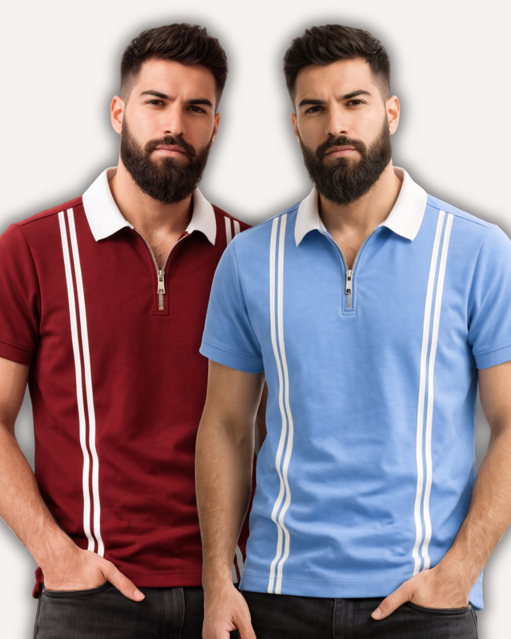 Pack of 2 Men’s Zipper Stripe Polo Shirt