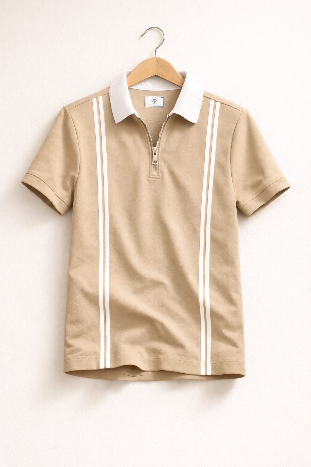 Men’s Zipper Stripe Polo Shirt - Beige