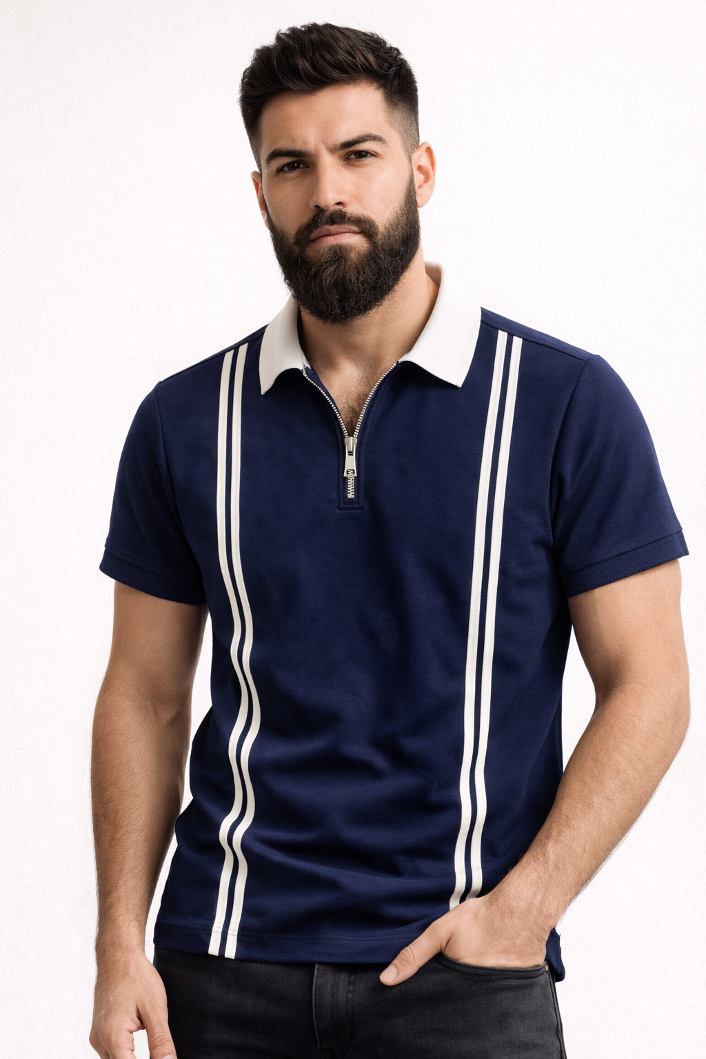 Men’s Zipper Stripe Polo Shirt - Navy Blue