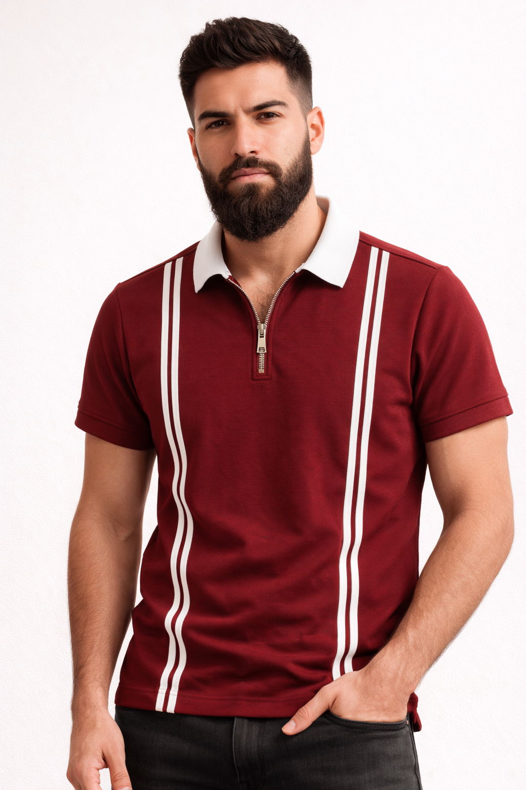 Men’s Zipper Stripe Polo Shirt - Maroon