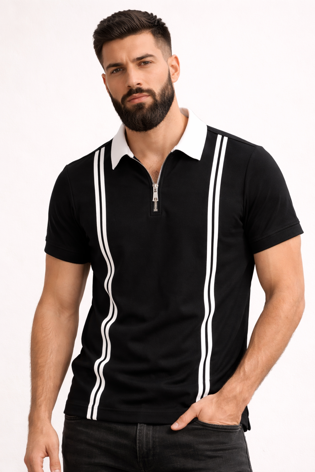 Pack of 2 Men’s Zipper Stripe Polo Shirt