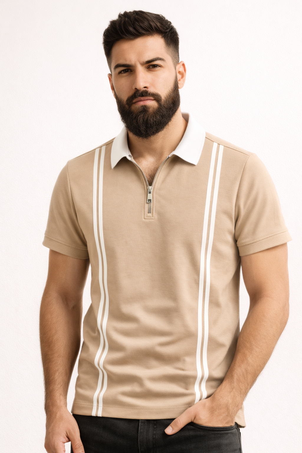 Men’s Zipper Stripe Polo Shirt - Beige