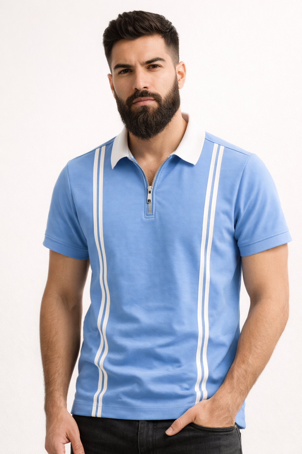Men’s Zipper Stripe Polo Shirt - Sky Blue